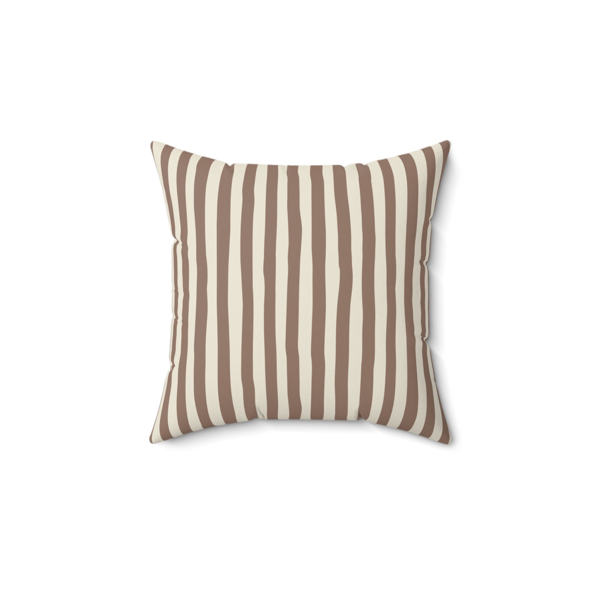 Mocha brown striped pillow with brown and beige vertical stripes on a white background