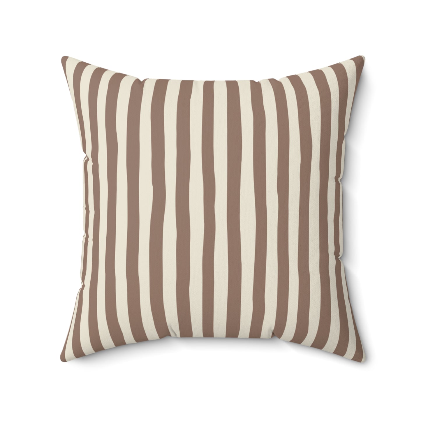 Mocha brown striped pillow with brown and beige vertical stripes on a white background