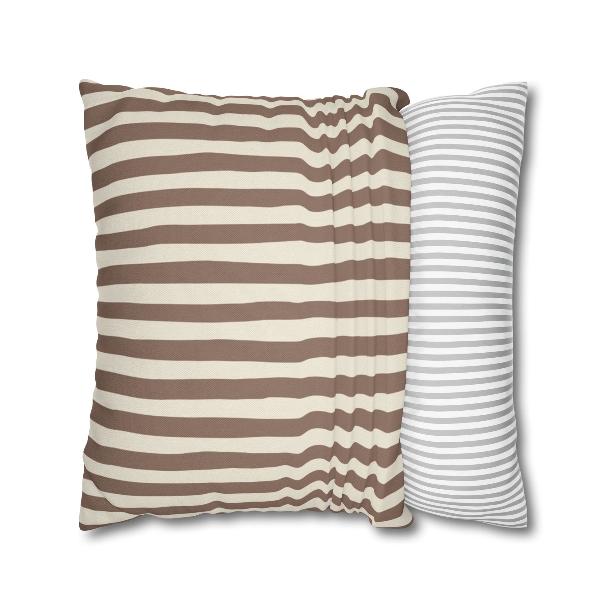 Mocha brown and beige striped pillowcase cover, on a white background.