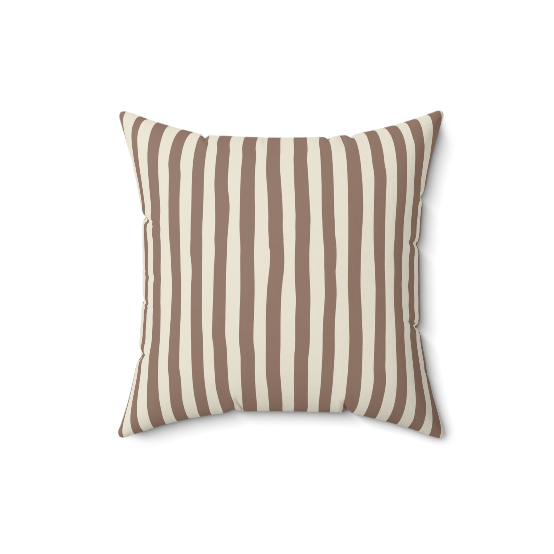 Mocha brown striped pillow with brown and beige vertical stripes on a white background