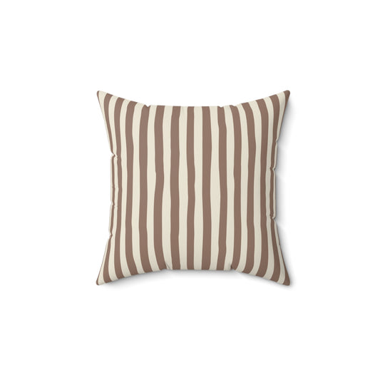 Mocha brown striped pillow with brown and beige stripes on a white background