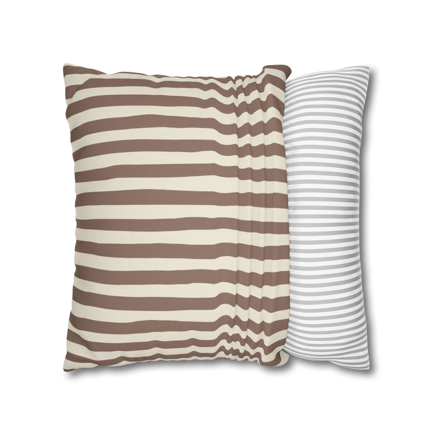 Mocha brown and beige striped pillowcase cover , on a white background.