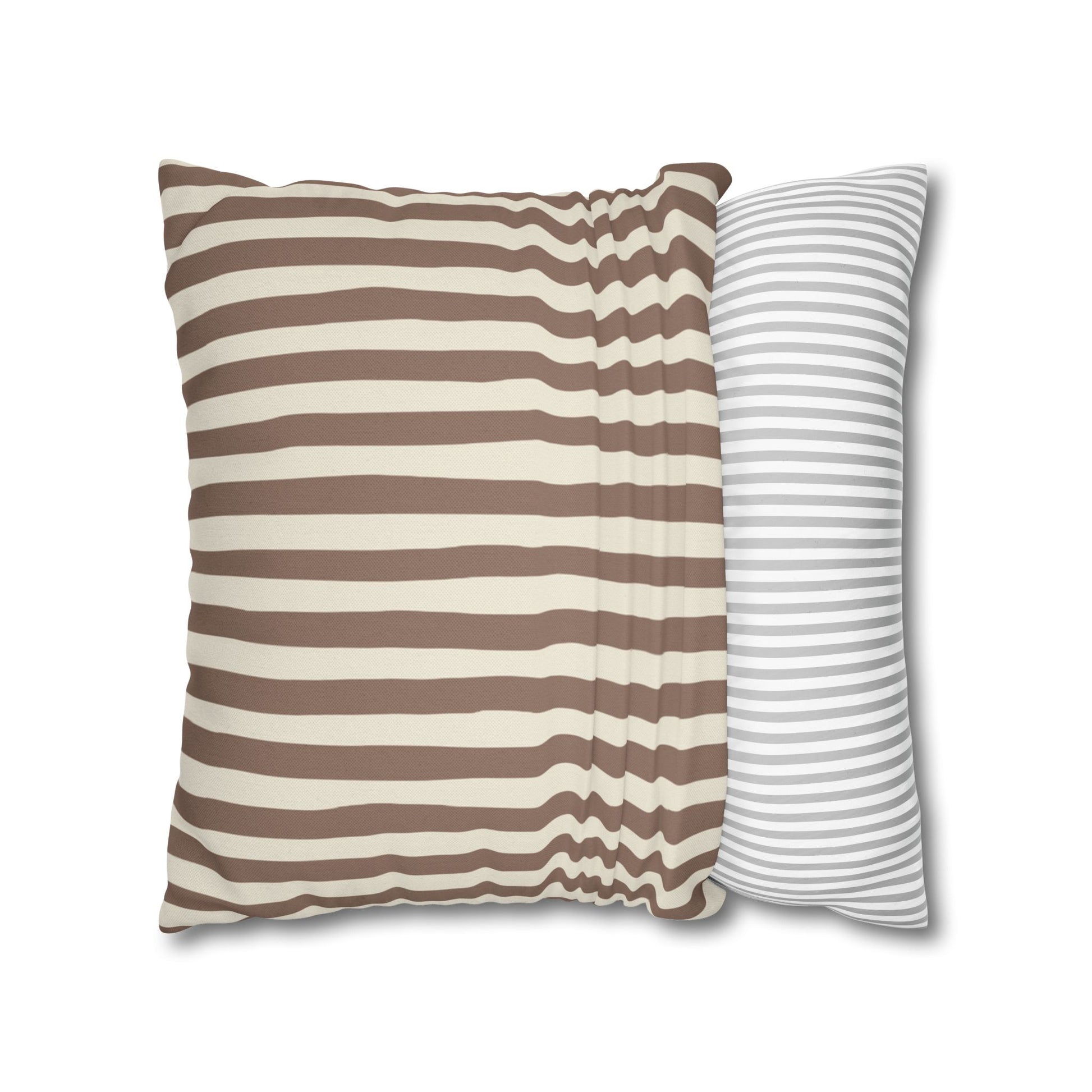 Mocha brown and beige striped pillowcase cover , on a white background.