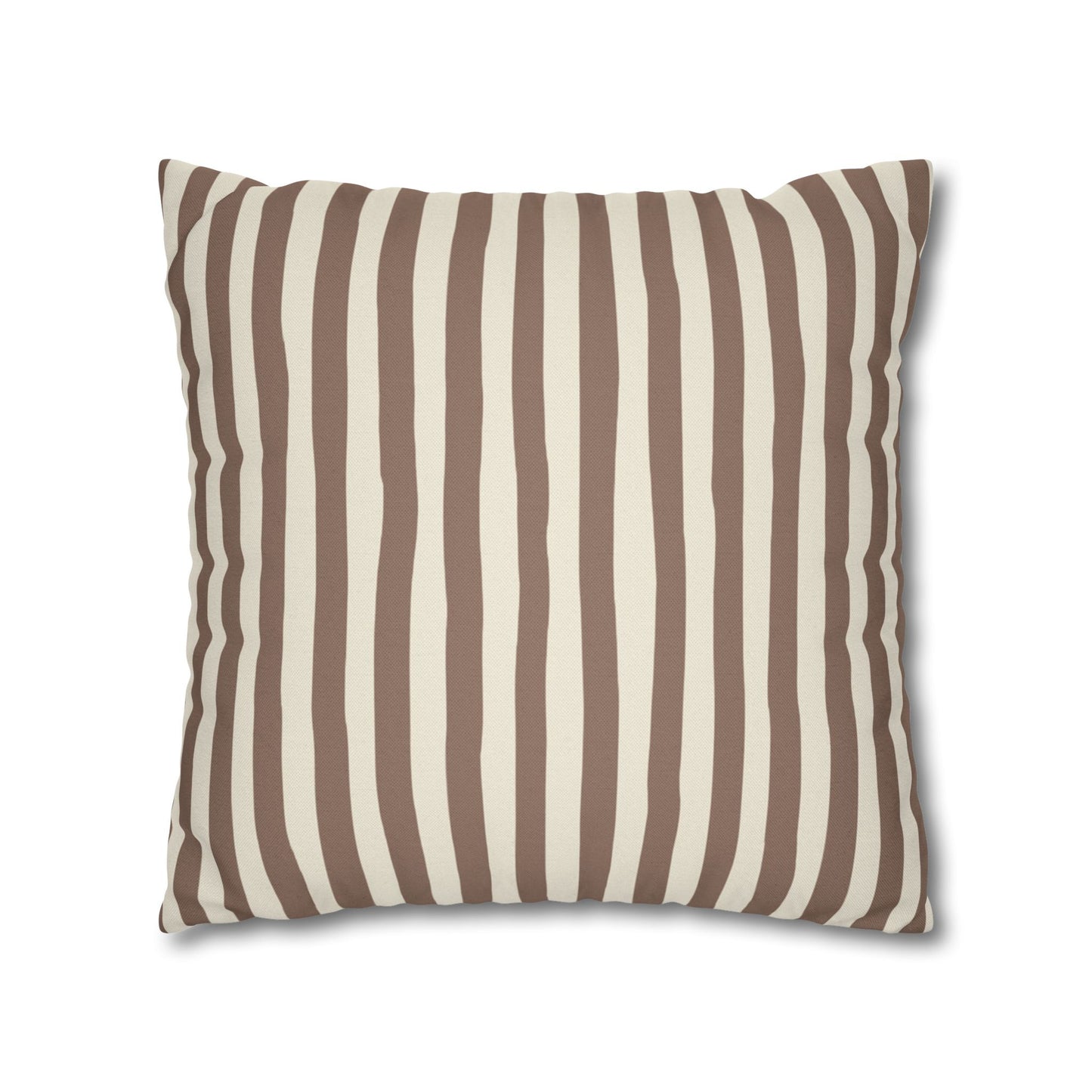 Mocha brown striped pillow with brown and beige vertical stripes on a white background