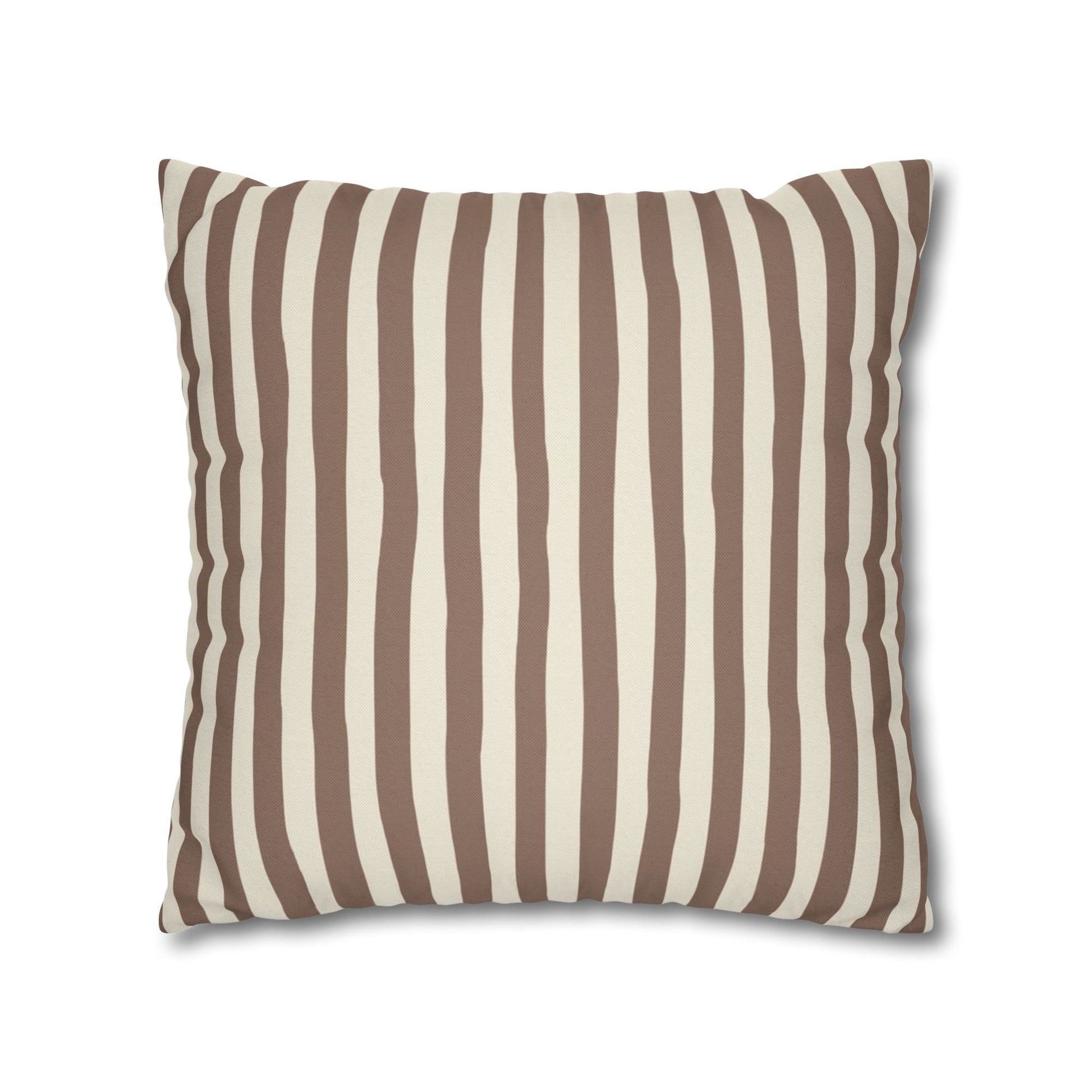 Mocha brown striped pillow with brown and beige vertical stripes on a white background