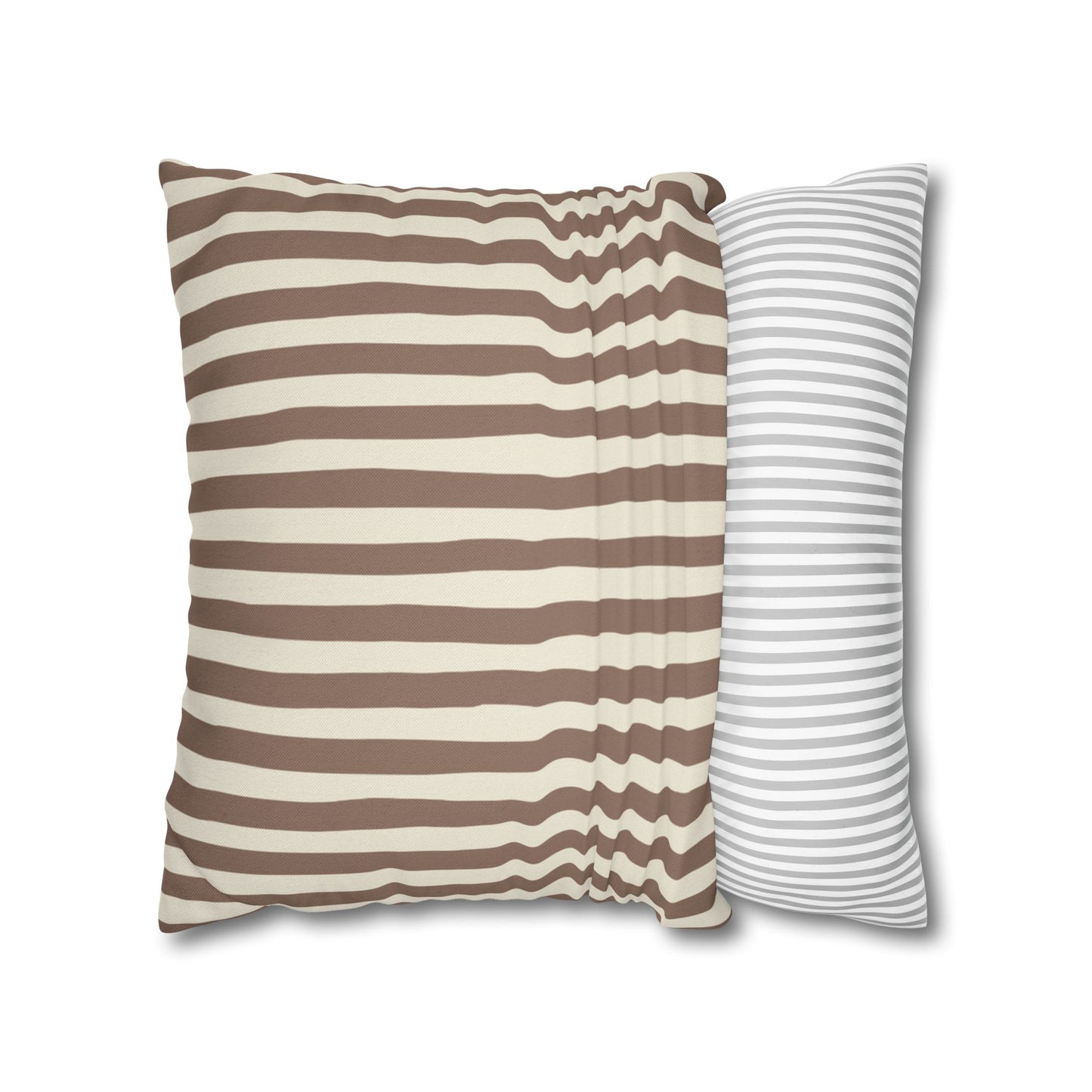 Mocha brown and beige striped pillowcase cover on a white background.