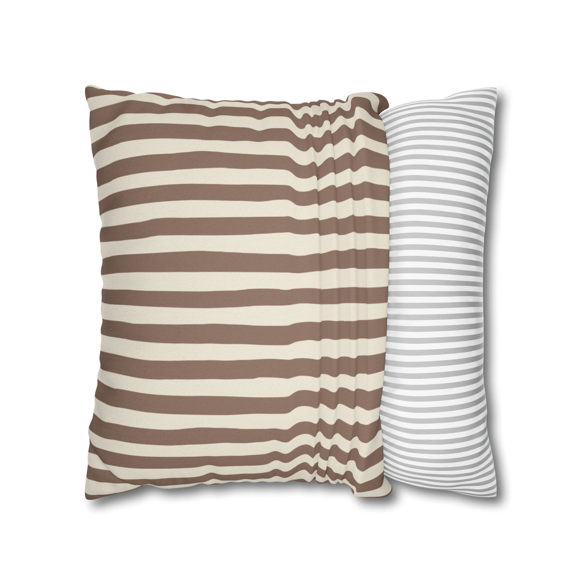 Mocha brown and beige striped pillowcase cover on a white background.