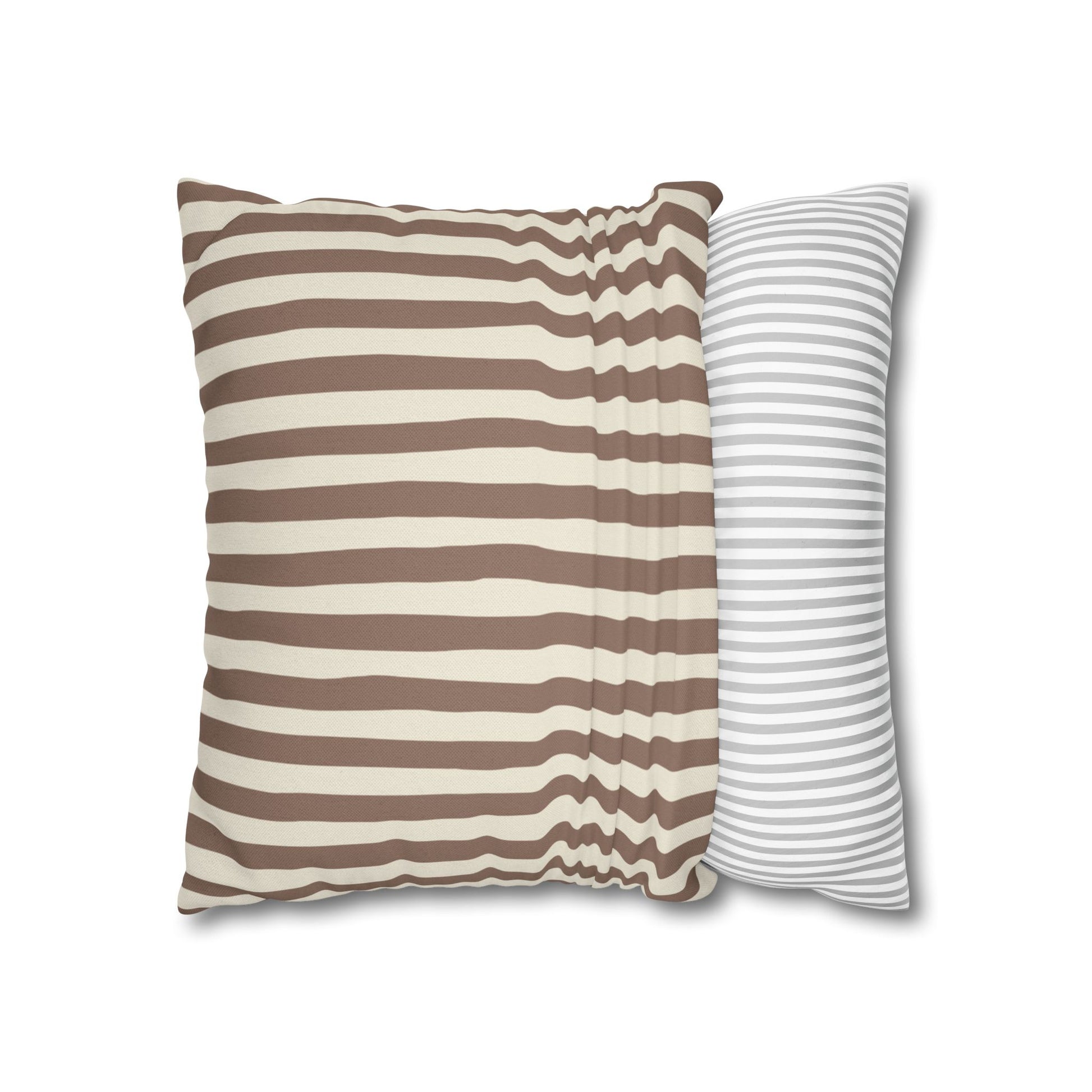 Mocha brown and white striped pillowcase cover for decorative throw pillows, on a white background.