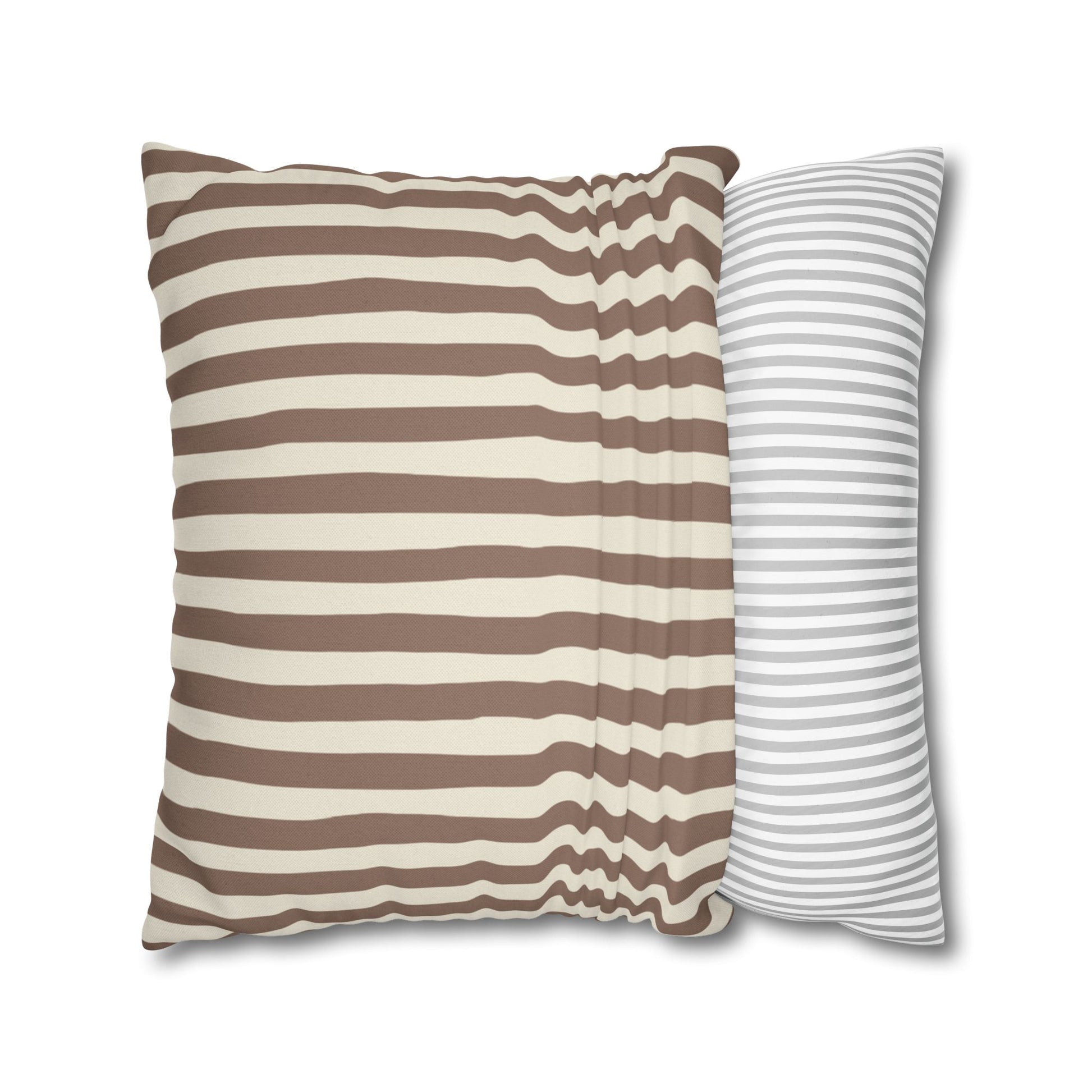 Mocha brown and beige striped pillowcase cover, on a white background.