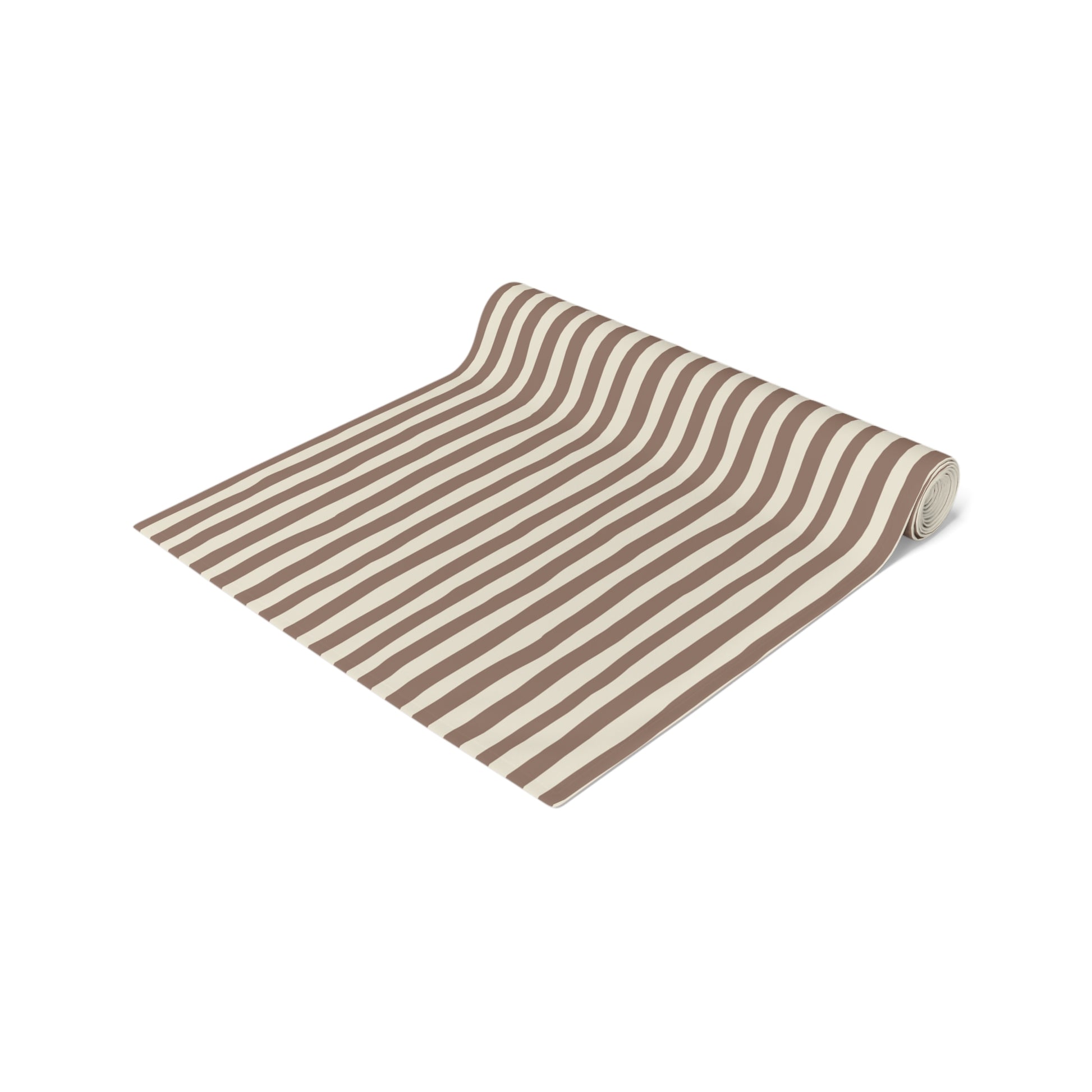 Roll of brown and beige striped table runner on a white background