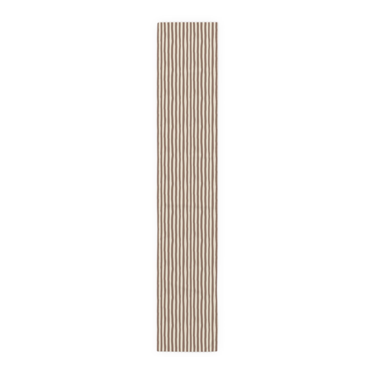 Mocha brown and beige striped table runner with striped pattern on a white background