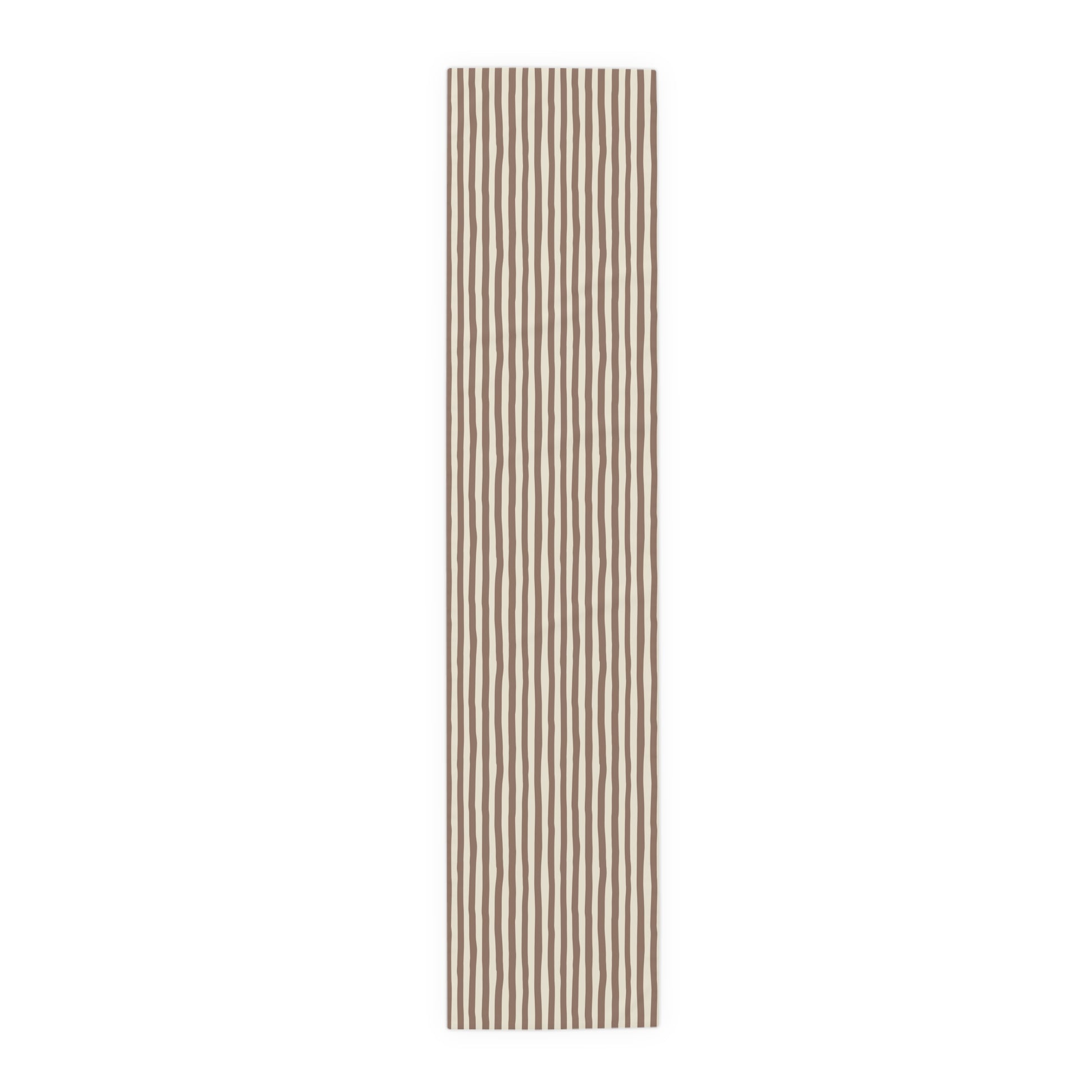 Mocha Striped table runner with beige and brown vertical stripes on a white background