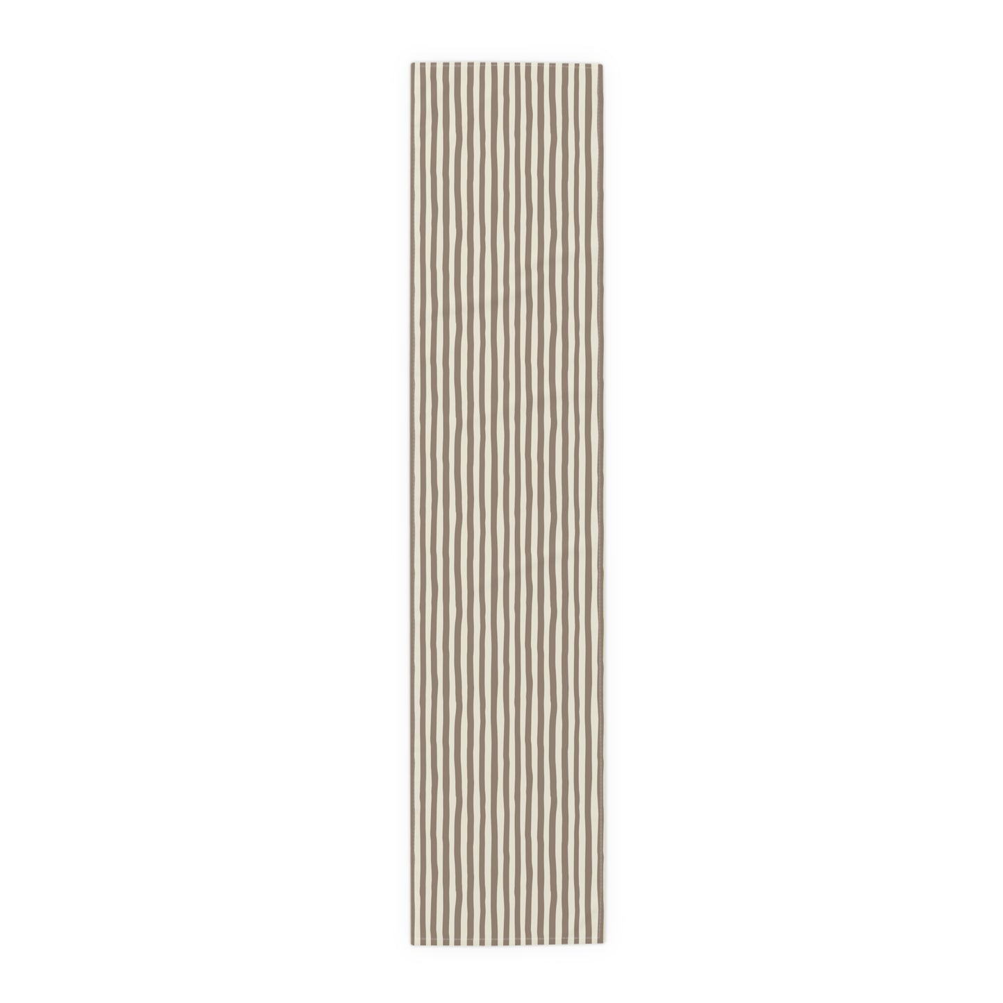 Mocha striped table runner with beige and brown striped pattern on a white background
