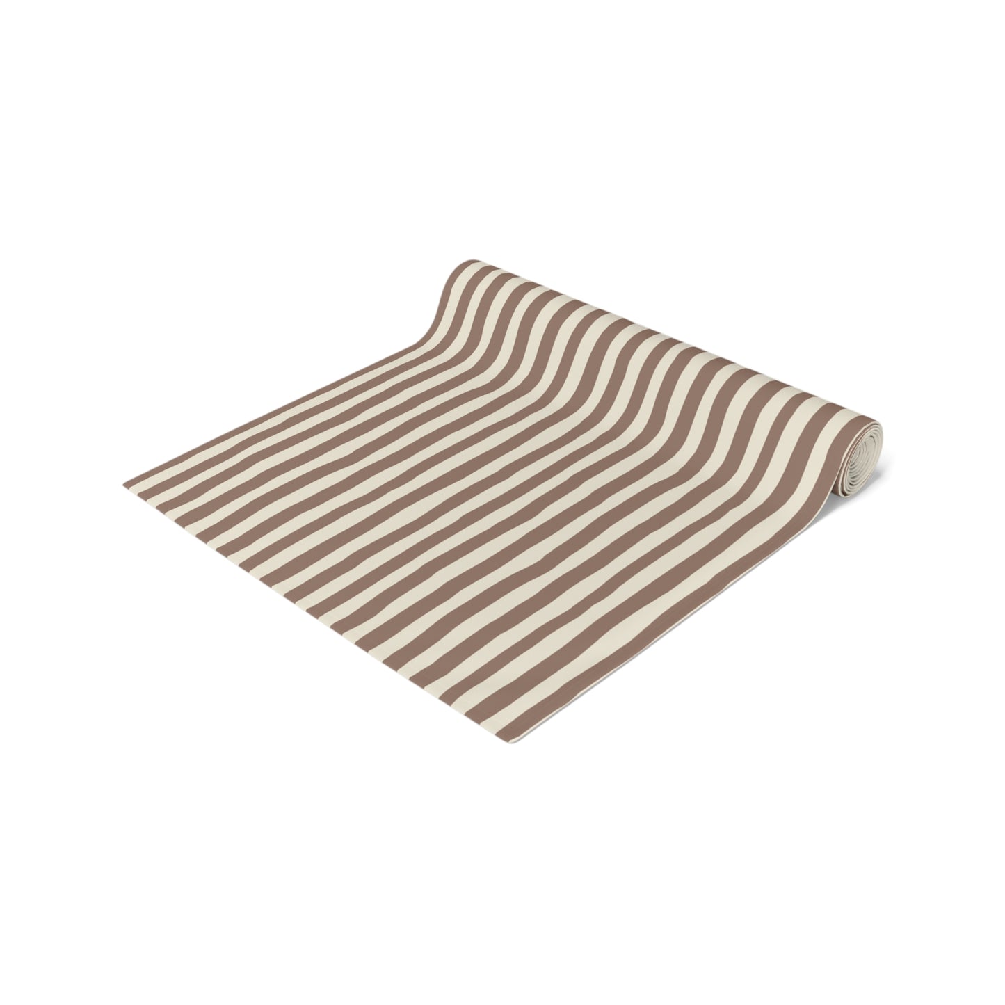 Roll of brown and beige striped table runner on a white background