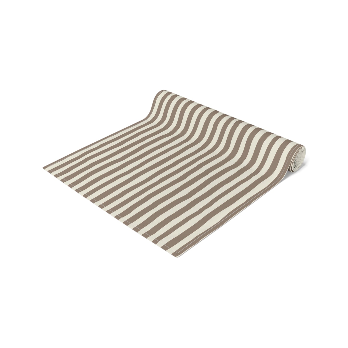 Roll of beige and brown striped table runner on a white background