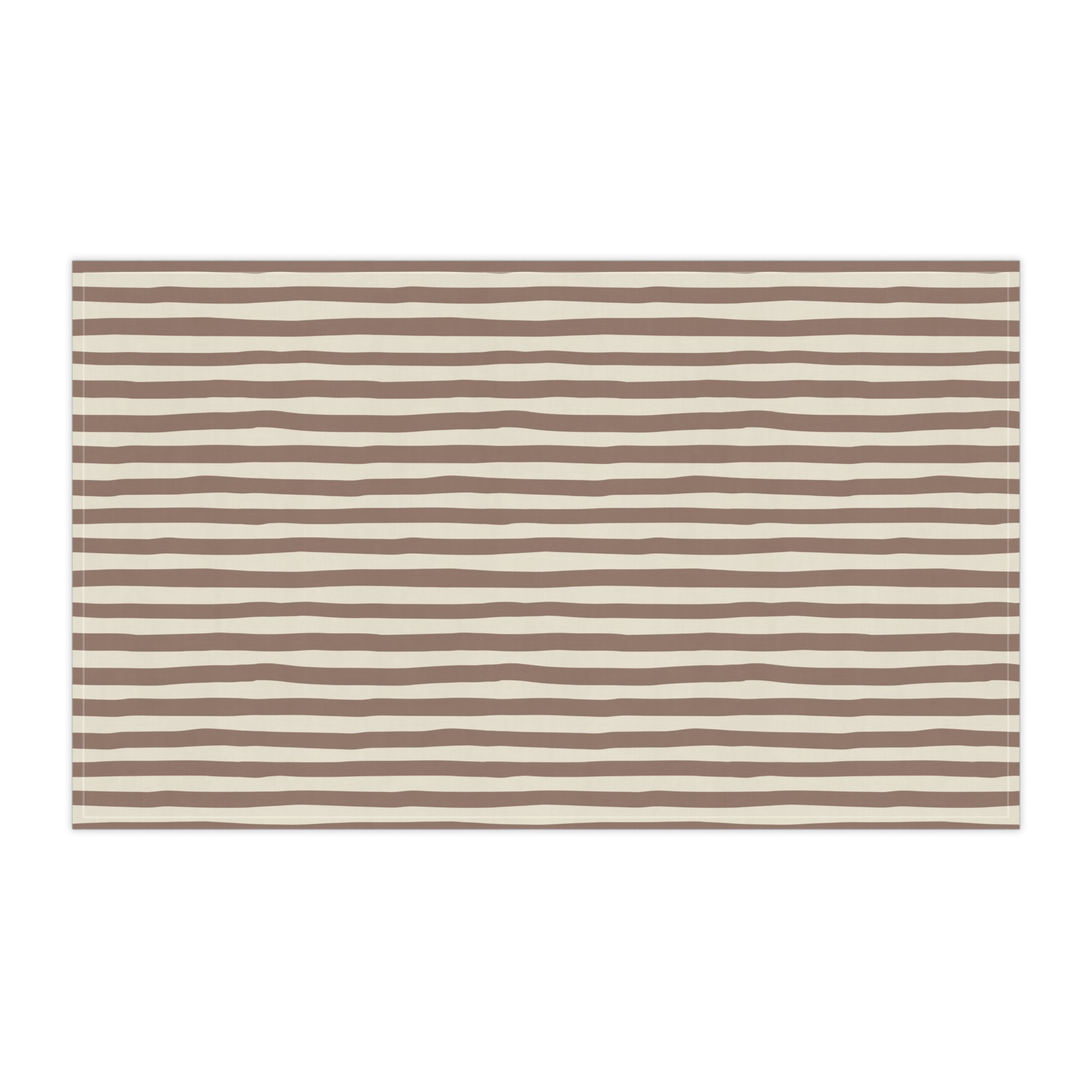 Mocha striped kitchen tea towel with brown and beige stripes on a white background