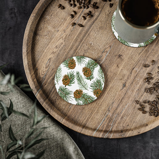 Needles & Cones - Round Hardboard Coaster, Cork Backed  - 3.75" x 3.75" - Perfect for Christmas/holiday Decor and Gifts - Priced per coaster