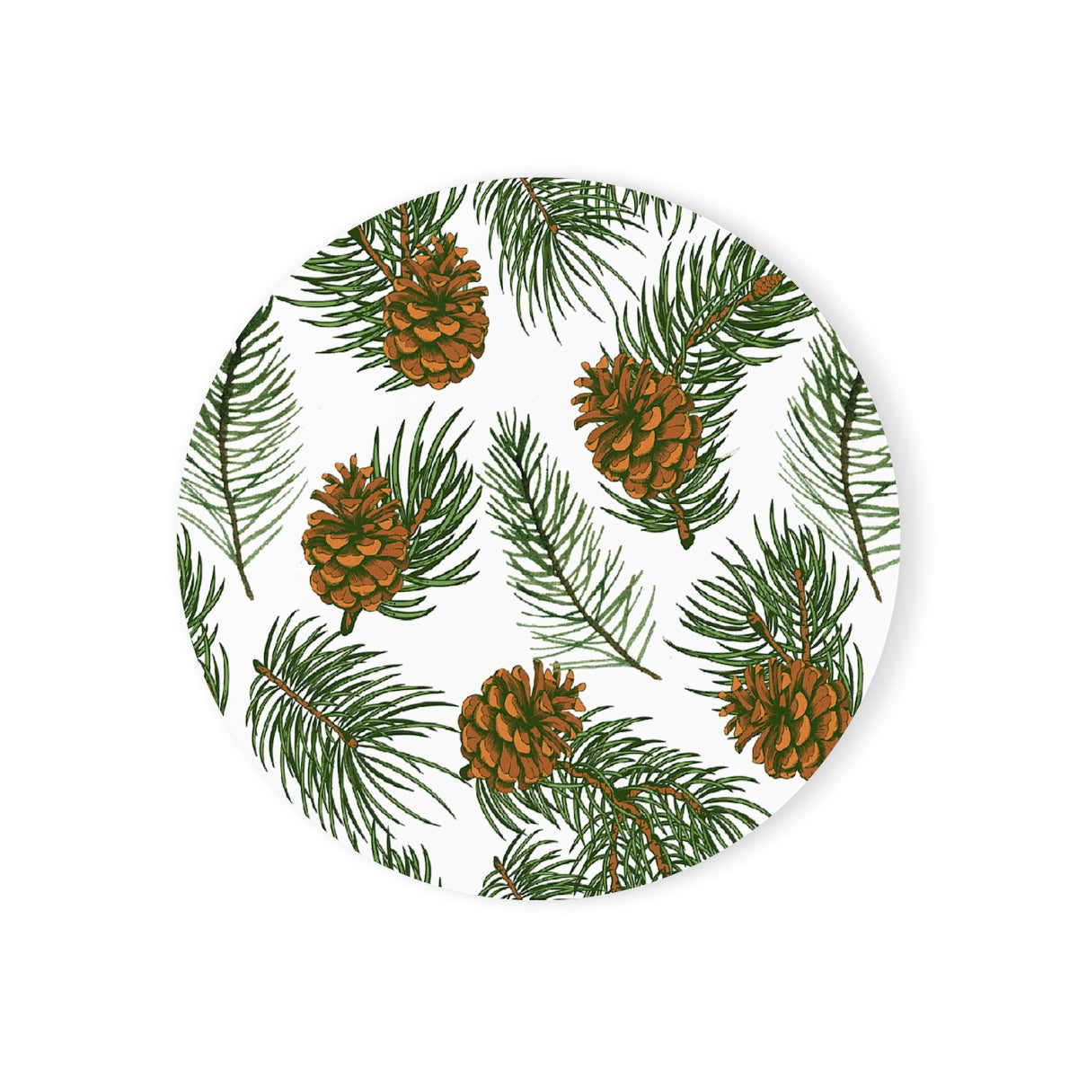 Needles & Cones - Round Hardboard Coaster, Cork Backed  - 3.75" x 3.75" - Perfect for Christmas/holiday Decor and Gifts - Priced per coaster
