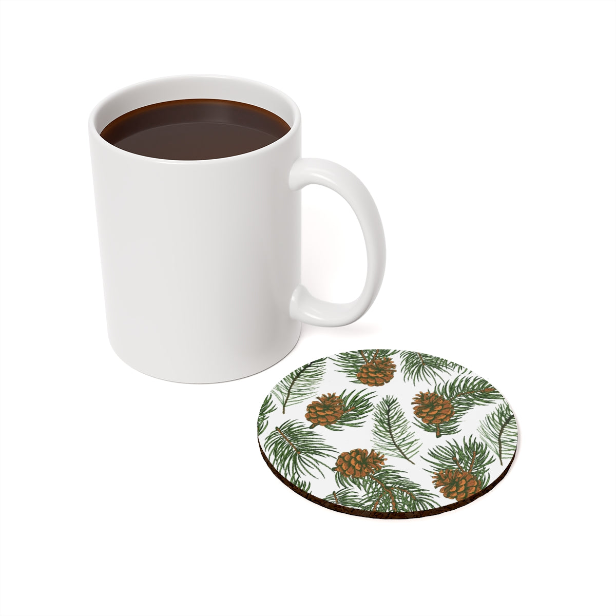 Needles & Cones - Round Hardboard Coaster, Cork Backed  - 3.75" x 3.75" - Perfect for Christmas/holiday Decor and Gifts - Priced per coaster