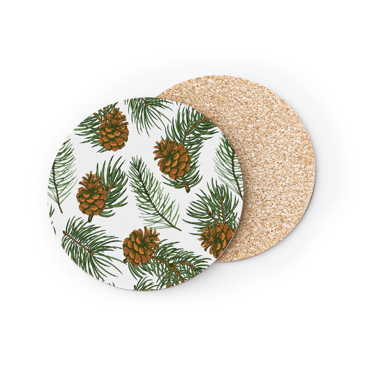 Needles & Cones - Round Hardboard Coaster, Cork Backed  - 3.75" x 3.75" - Perfect for Christmas/holiday Decor and Gifts - Priced per coaster