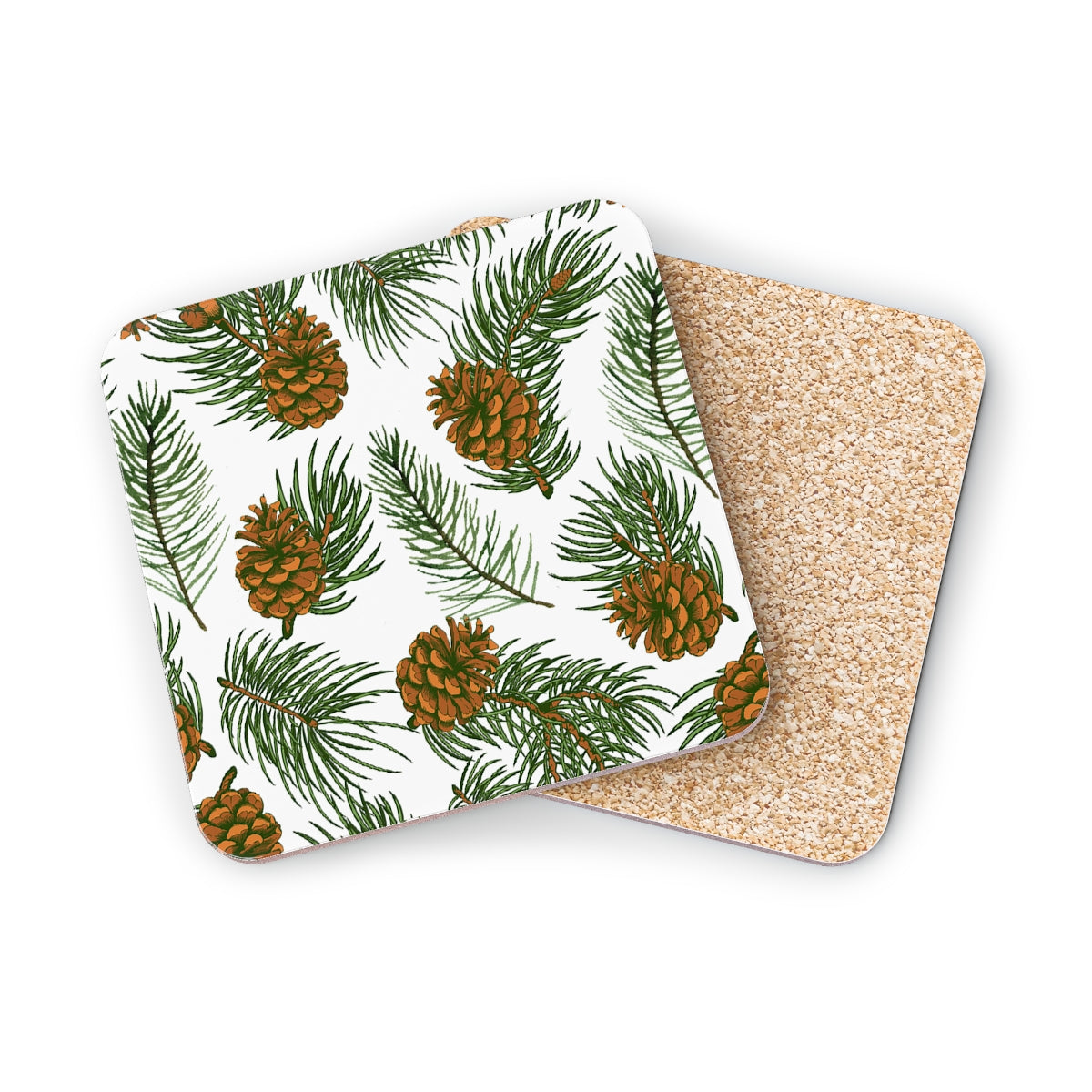 Needles & Cones - Square Hardboard Coaster, Cork Backed  - 3.75" x 3.75" - Perfect for Christmas/holiday Decor and Gifts - Priced per coaster