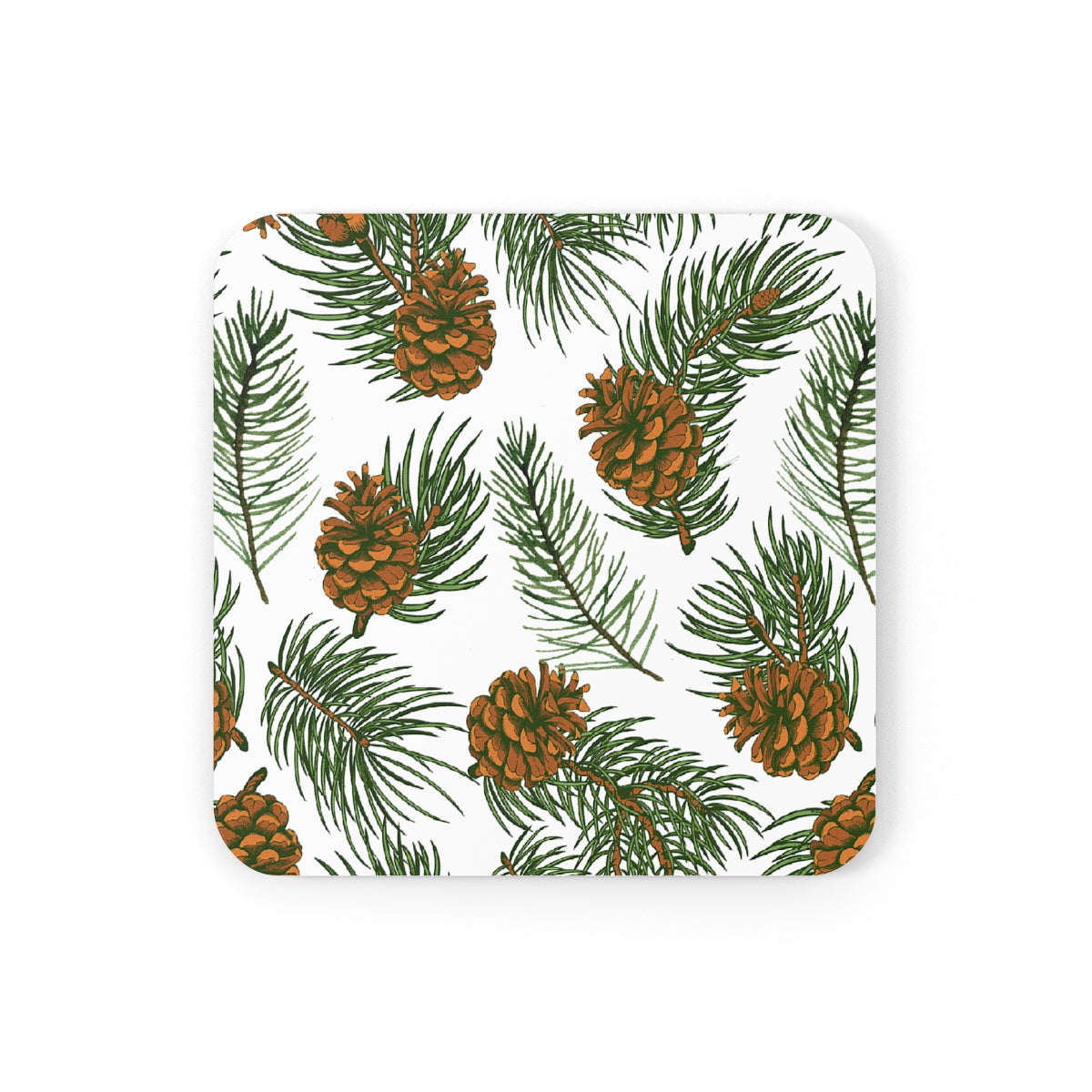Needles & Cones - Square Hardboard Coaster, Cork Backed  - 3.75" x 3.75" - Perfect for Christmas/holiday Decor and Gifts - Priced per coaster