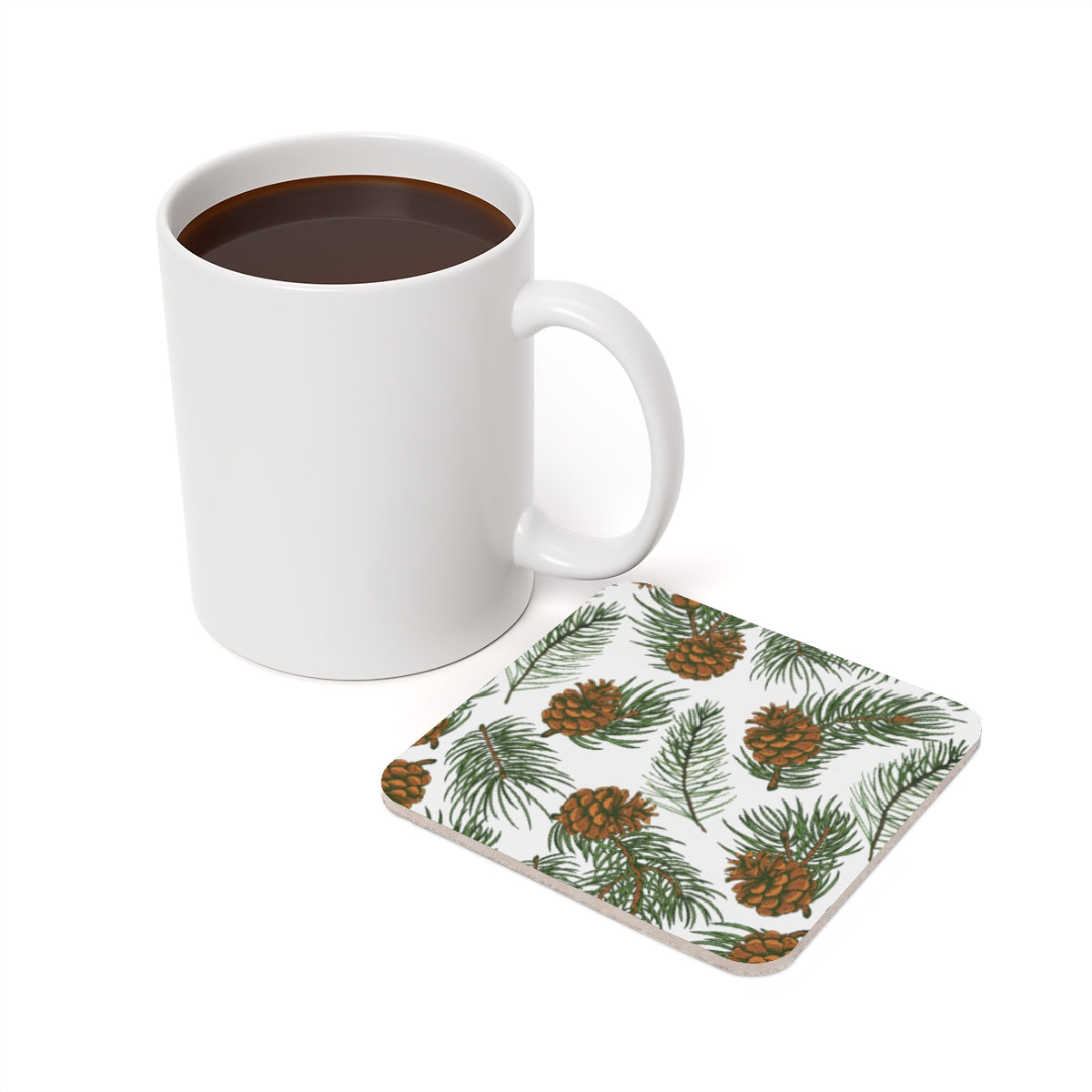 Needles & Cones - Square Hardboard Coaster, Cork Backed  - 3.75" x 3.75" - Perfect for Christmas/holiday Decor and Gifts - Priced per coaster