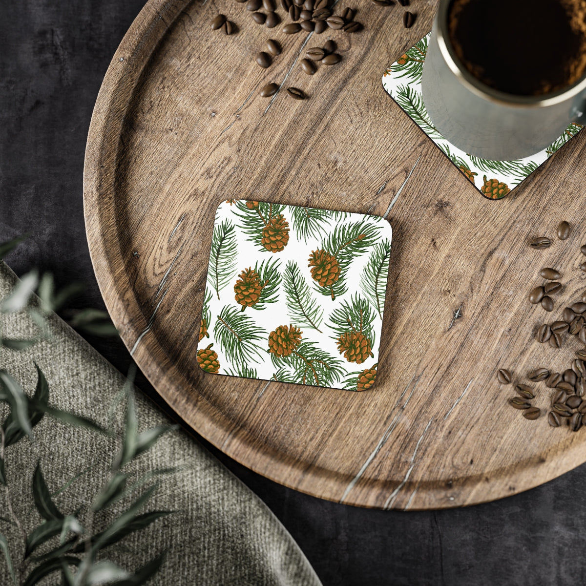 Needles & Cones - Square Hardboard Coaster, Cork Backed  - 3.75" x 3.75" - Perfect for Christmas/holiday Decor and Gifts - Priced per coaster
