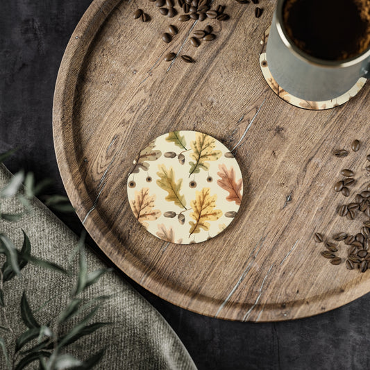 Oak Leaves - Round Hardboard Coaster, Cork Backed  - 3.75" x 3.75" - Great for Fall / Thanksgiving Home Decor & Gifts - Priced per coaster
