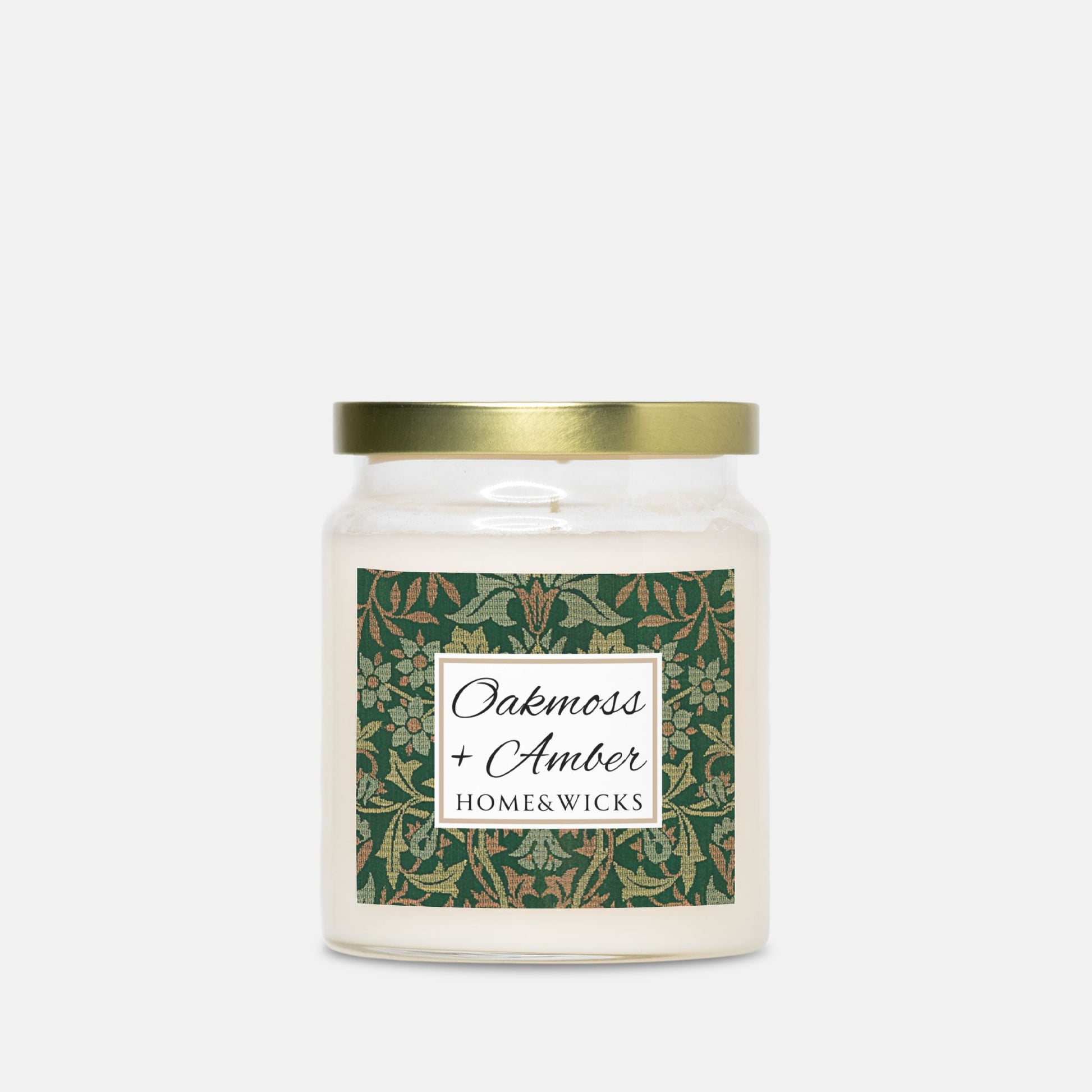 Candle jar with a decorative Flower Garden by William Morris label on a white background