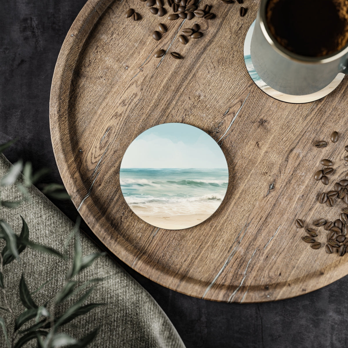 Ocean Breeze - Round Hardboard Coaster, Cork Backed  - 3.75" x 3.75" - Perfect for Coastal Decor and Gifts - Priced per coaster