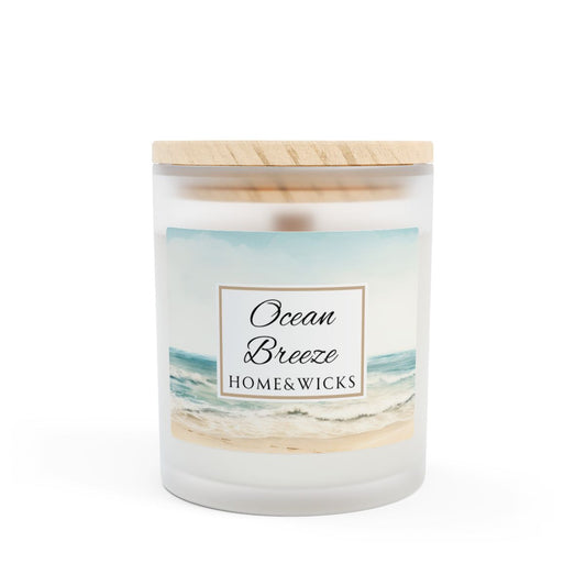 Wood Wick Candle with 'Ocean Breeze' label with ocean shore image and wooden lid on a white background