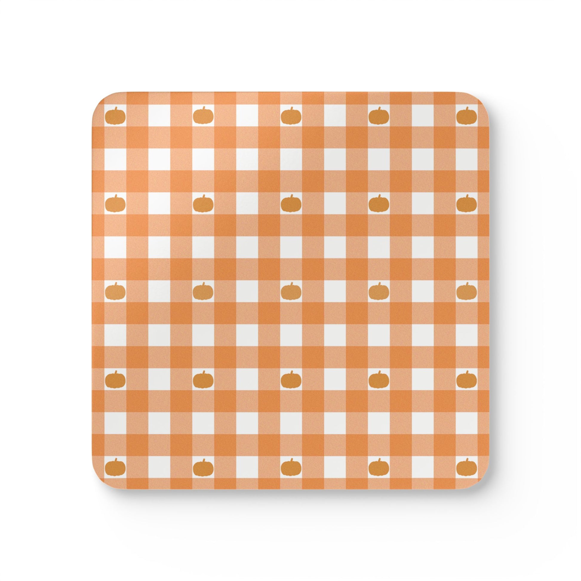 Checkered orange gingham pattern with small pumpkins square coaster on a white background