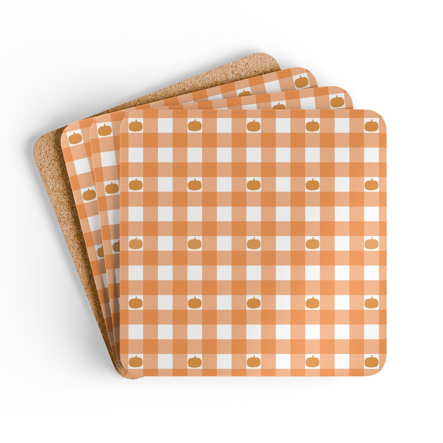 Set of four orange and white gingham checkered with pumpkins coasters with pumpkin pattern on a white background