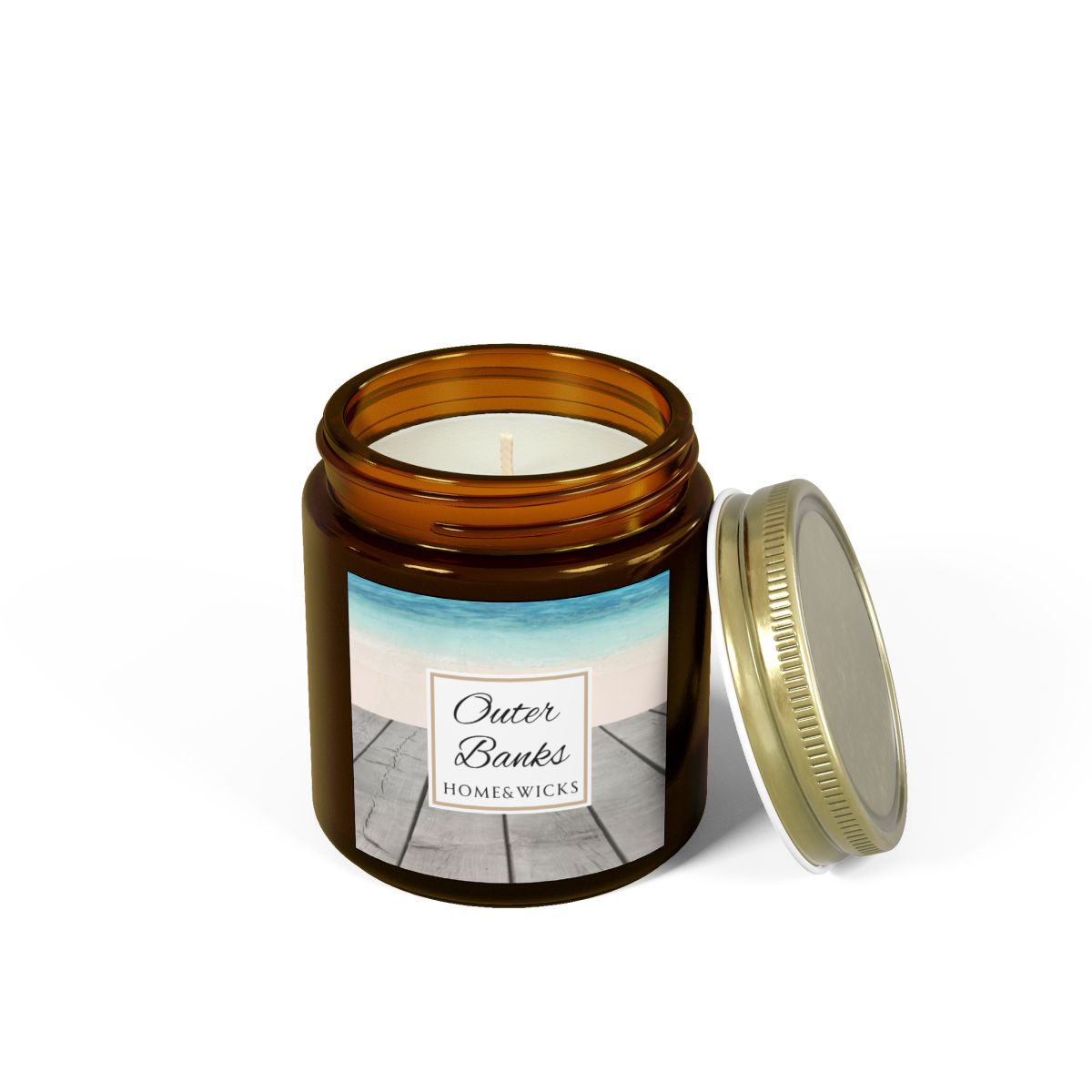 Outer Banks Coconut Apricot Wax Candle, 4 oz. Amber Jar, Gold Lid, Cotton Wick - Coastal Beach Scented Candle, Aromatic Woody Aromatherapy