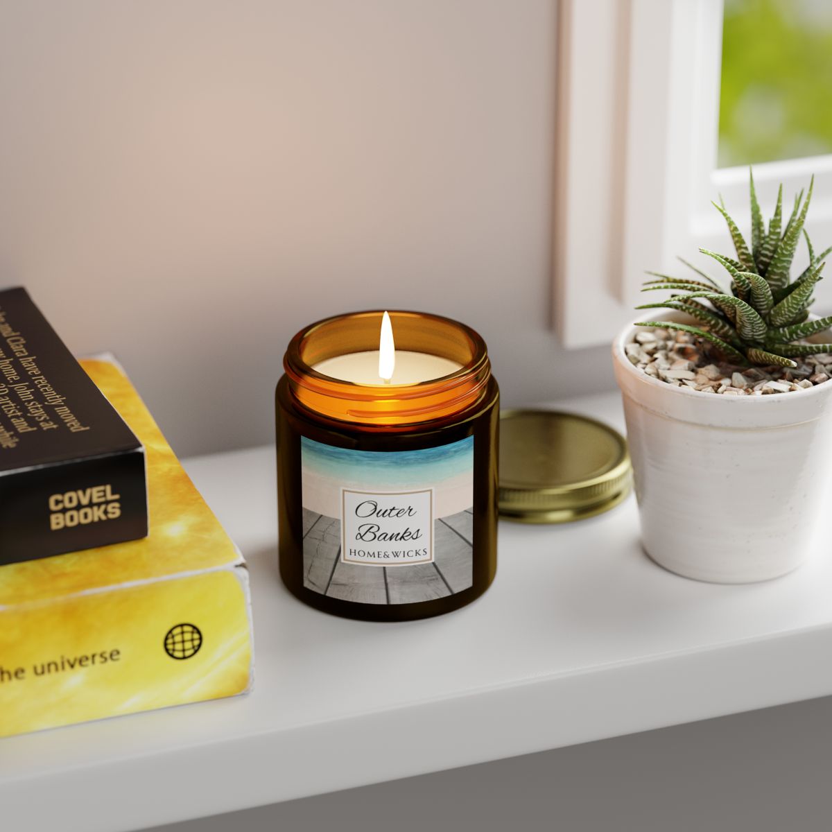 Outer Banks Coconut Apricot Wax Candle, 4 oz. Amber Jar, Gold Lid, Cotton Wick - Coastal Beach Scented Candle, Aromatic Woody Aromatherapy