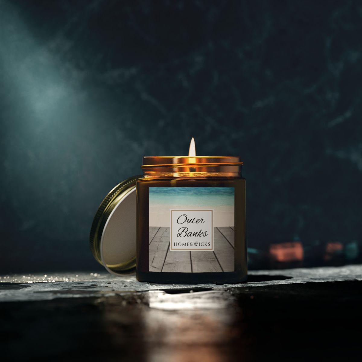 Outer Banks Coconut Apricot Wax Candle, 4 oz. Amber Jar, Gold Lid, Cotton Wick - Coastal Beach Scented Candle, Aromatic Woody Aromatherapy