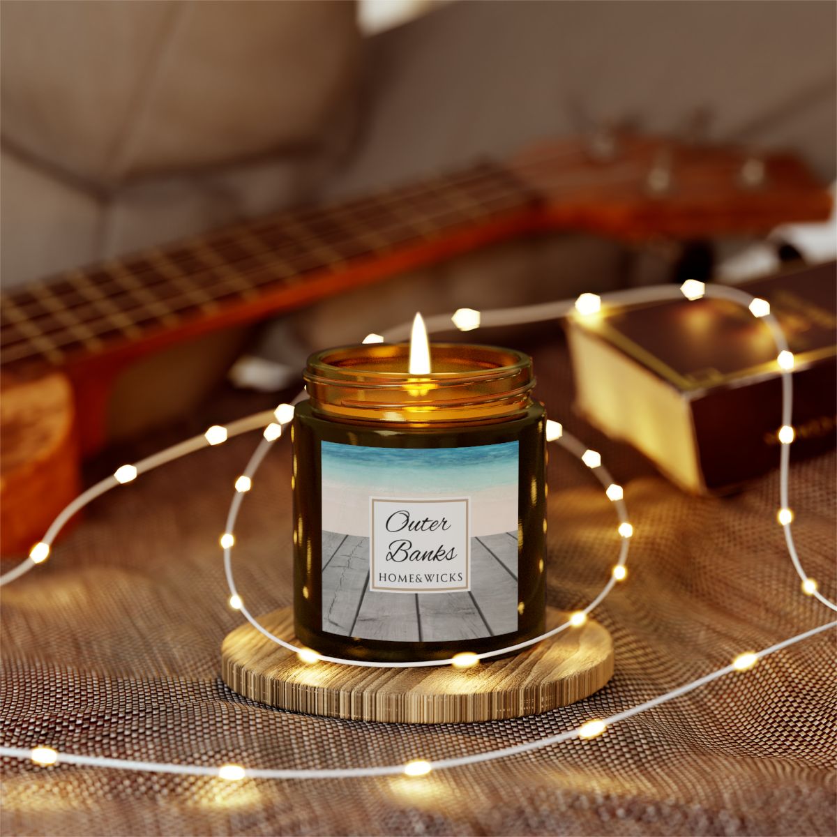 Outer Banks Coconut Apricot Wax Candle, 4 oz. Amber Jar, Gold Lid, Cotton Wick - Coastal Beach Scented Candle, Aromatic Woody Aromatherapy