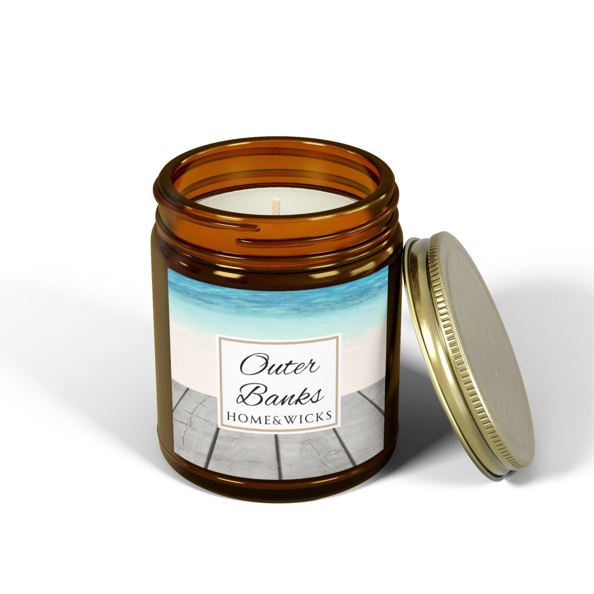 Outer Banks Coconut Apricot Wax Candle, 9 oz. Amber Jar, Gold Lid, Cotton Wick - Coastal Beach Scented Candle, Aromatic Woody Aromatherapy