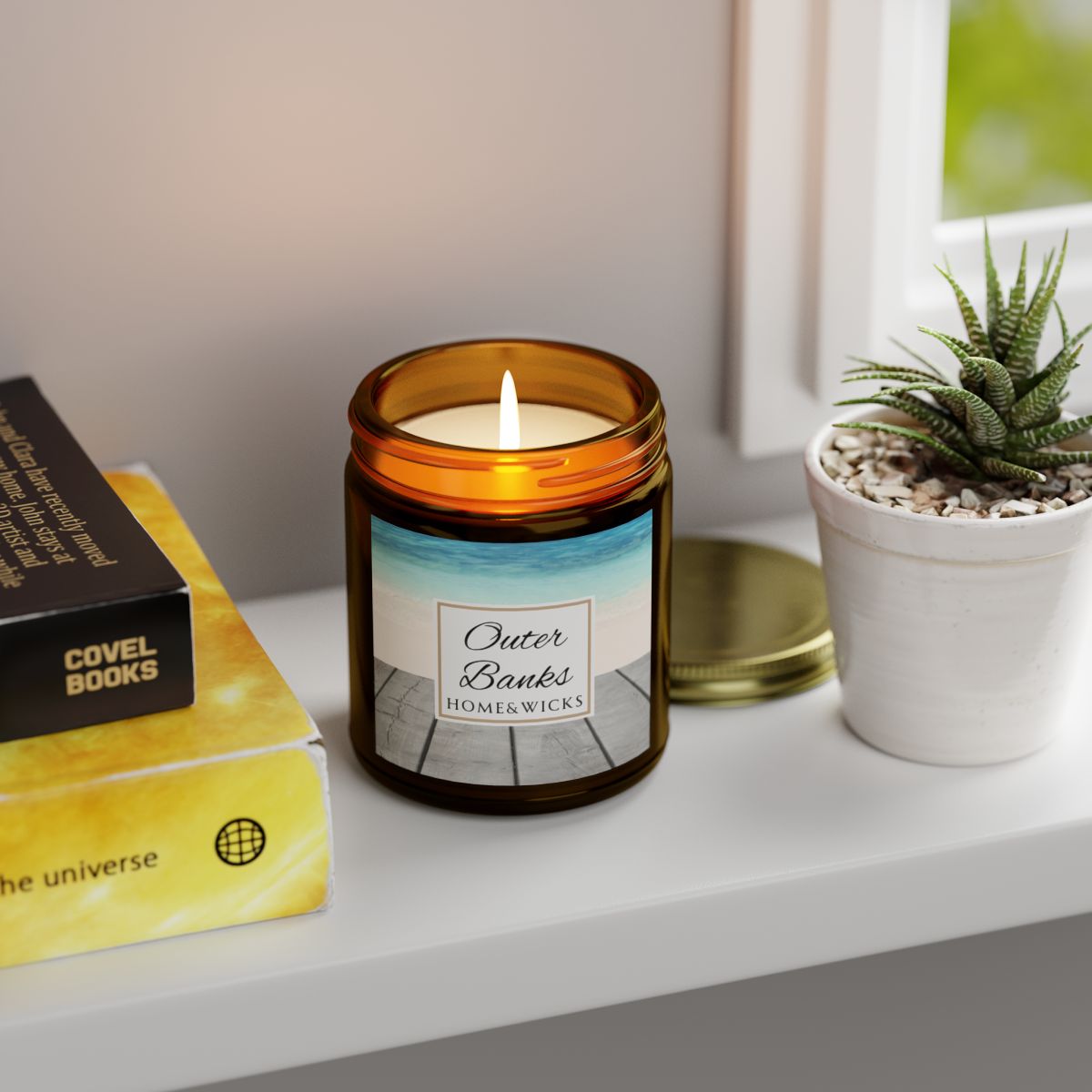 Outer Banks Coconut Apricot Wax Candle, 9 oz. Amber Jar, Gold Lid, Cotton Wick - Coastal Beach Scented Candle, Aromatic Woody Aromatherapy