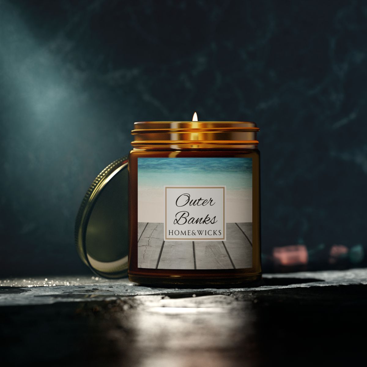 Outer Banks Coconut Apricot Wax Candle, 9 oz. Amber Jar, Gold Lid, Cotton Wick - Coastal Beach Scented Candle, Aromatic Woody Aromatherapy
