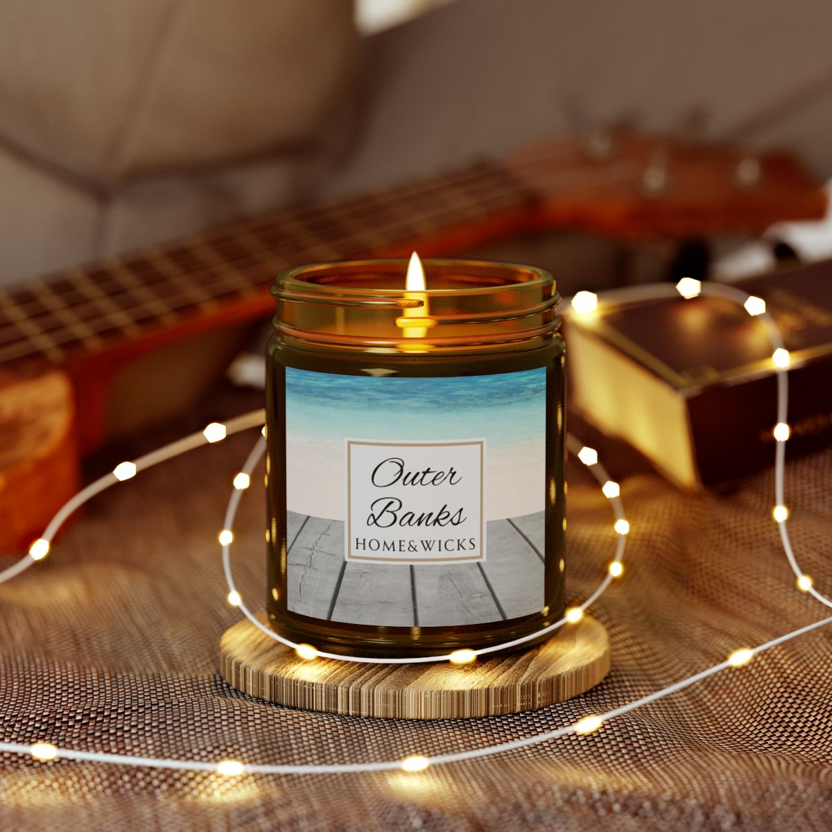 Outer Banks Coconut Apricot Wax Candle, 9 oz. Amber Jar, Gold Lid, Cotton Wick - Coastal Beach Scented Candle, Aromatic Woody Aromatherapy