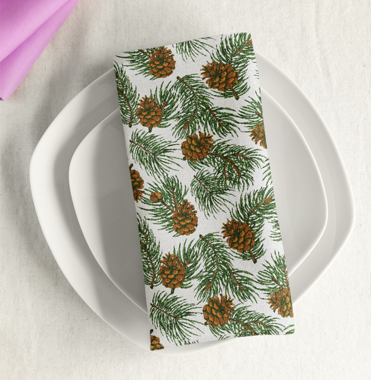 Needles & Cones 22" x 22" Cotton Twill Napkin - Christmas Table Decor, Winter Home Decor, Holiday Entertaining, Priced per Napkin