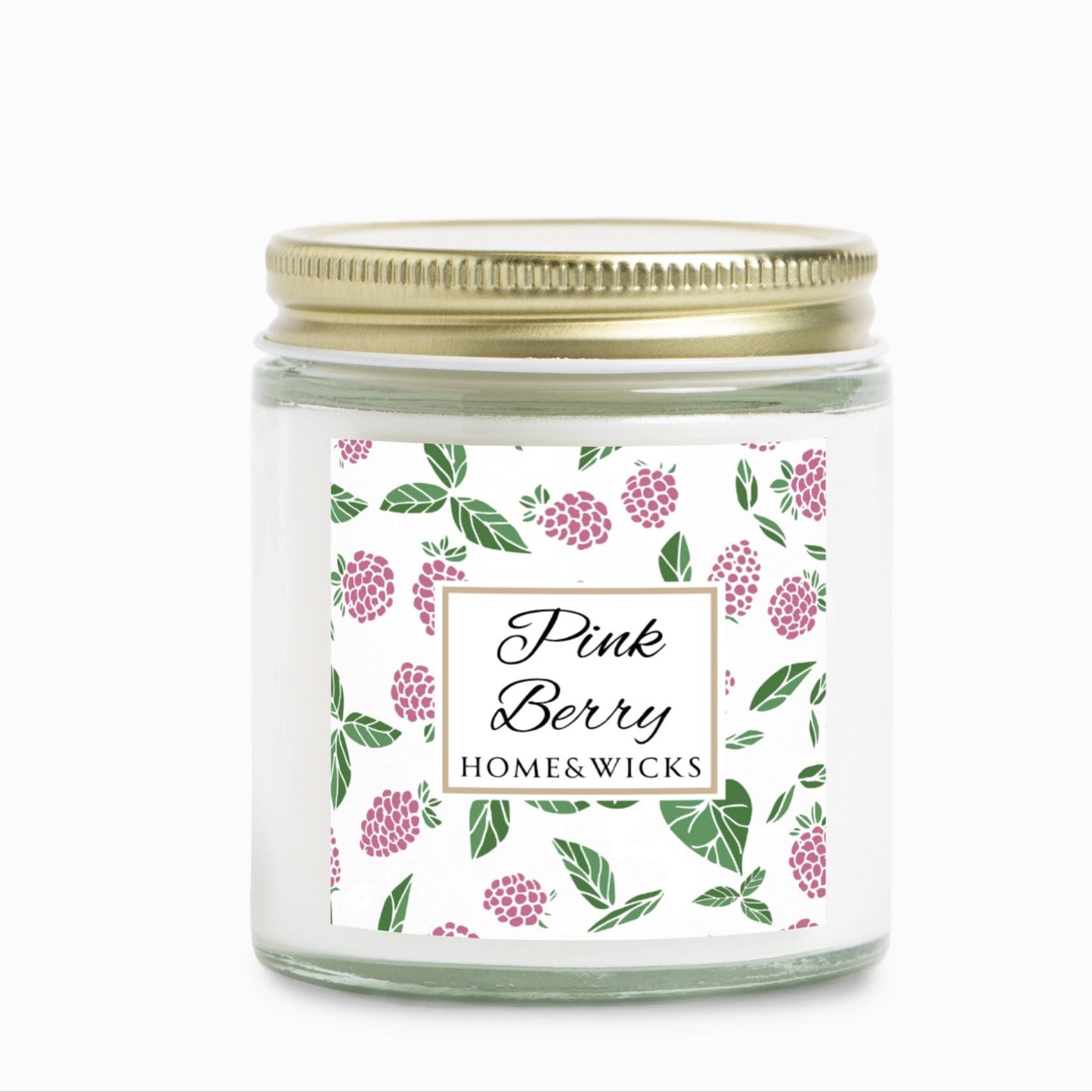 Homes & Wicks Pink Berry candle in a clear jar with gold lid  with pink berry label graphics on a white background