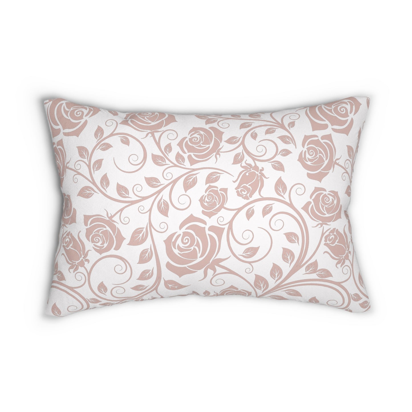 Decorative pillow with pink floral pattern on a white background