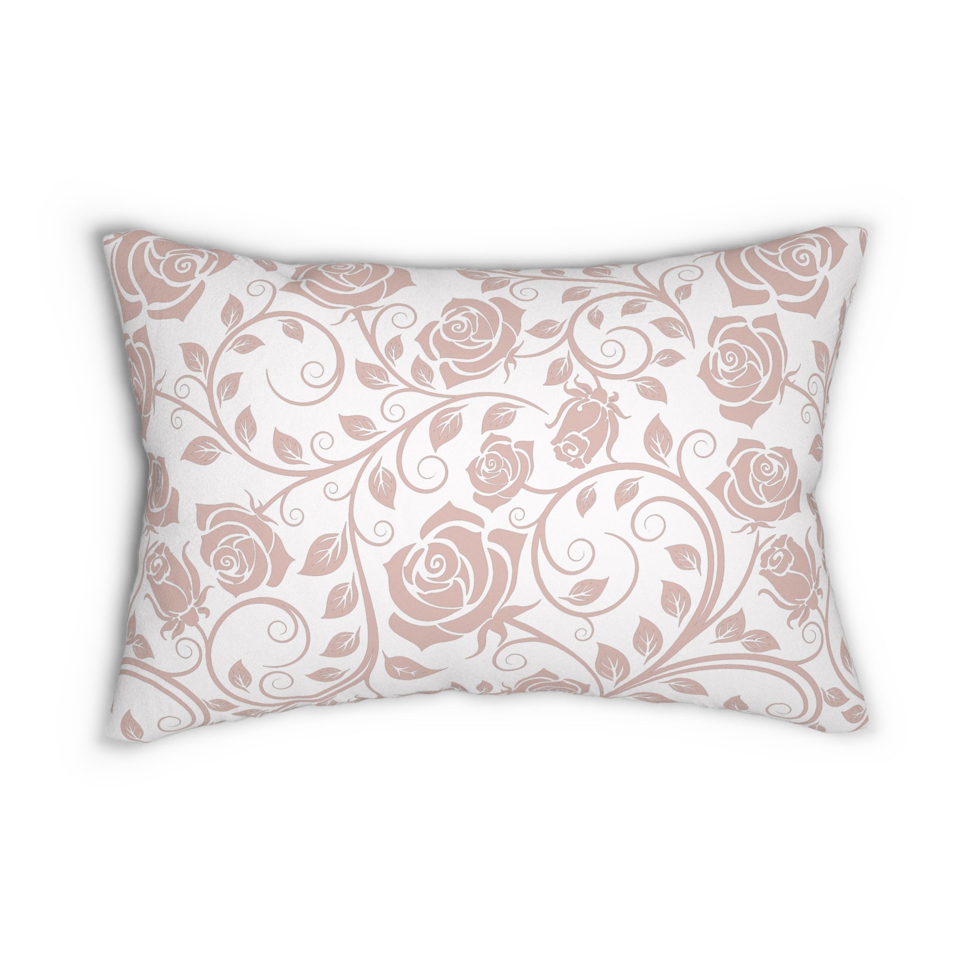 Decorative pillow with pink floral pattern on a white background