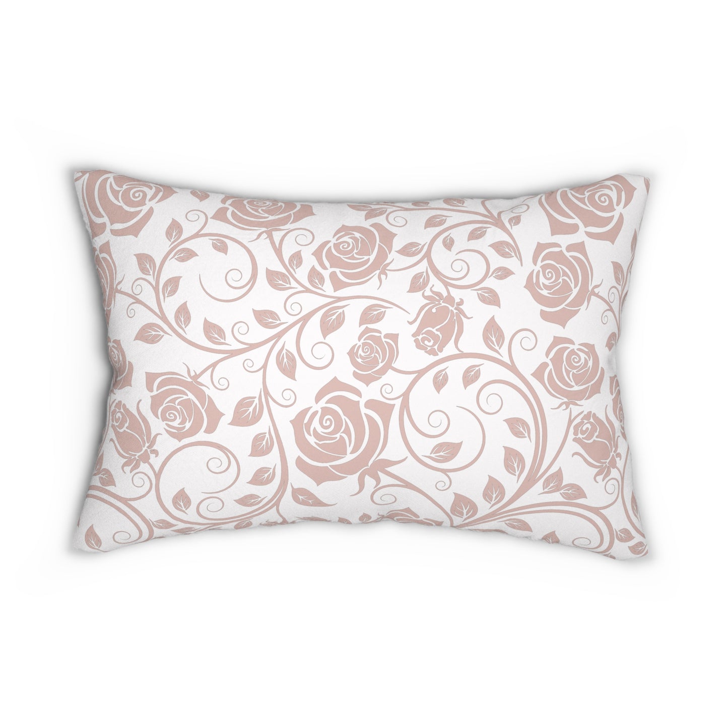 Decorative lumbar pillow with rose pink floral pattern on a white background