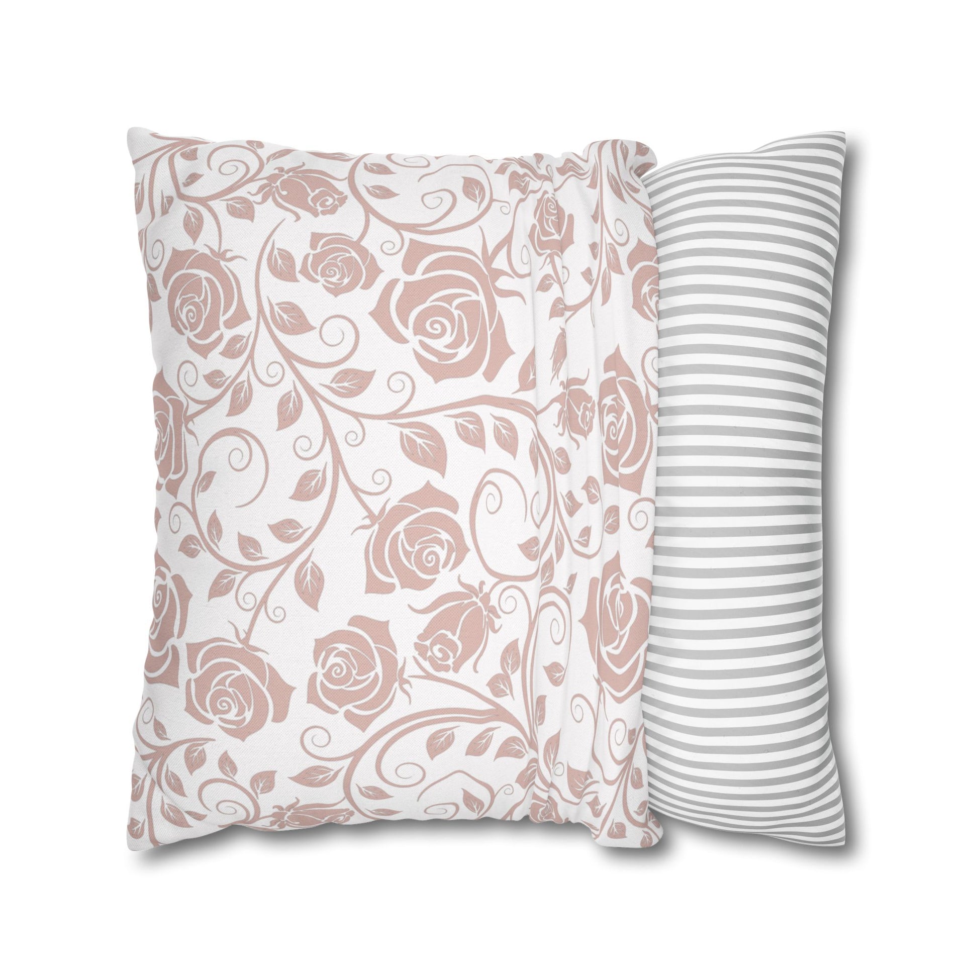 Pink roses pattern on decorative throw pillowcase cover on a white background