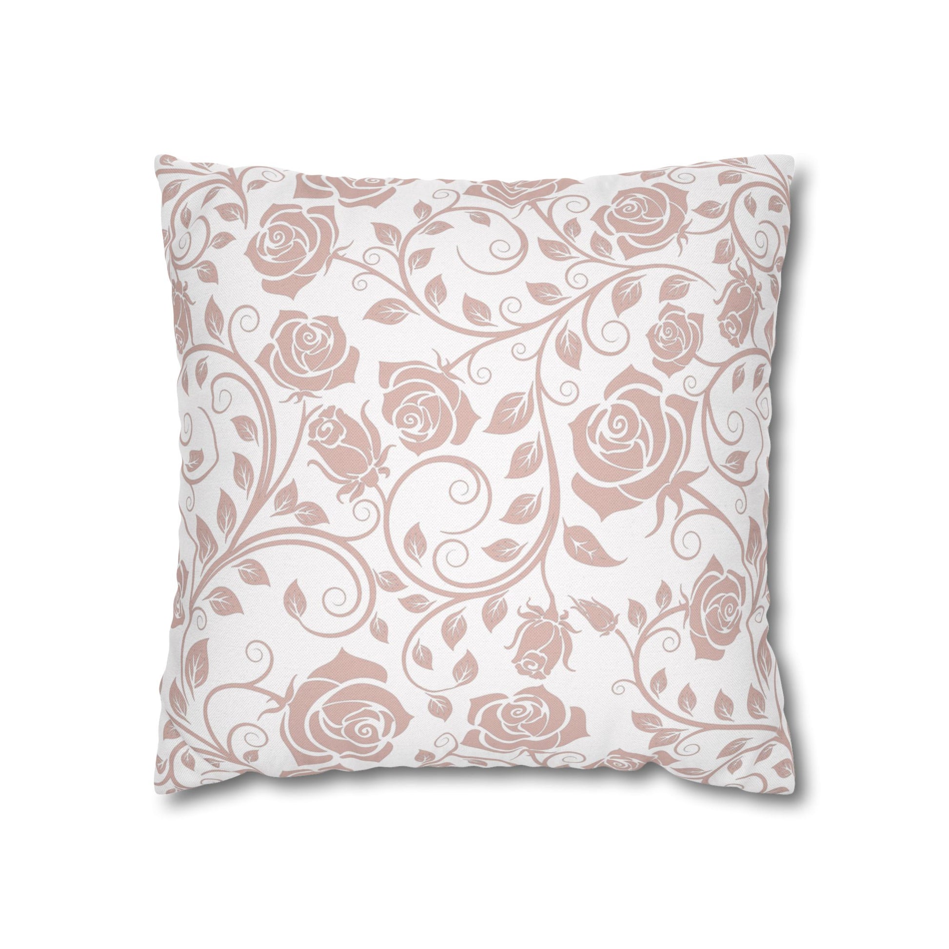 Decorative pillow with pink roses floral pattern on a white background