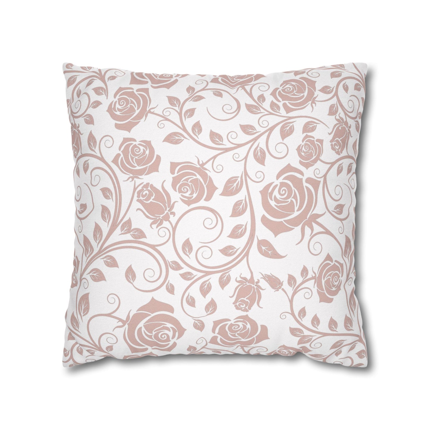 Decorative pillow with pink rose floral pattern on a white background
